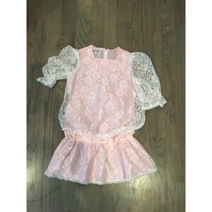 80s Pink-White, Floral Cottage Core Short Dress White Lace, Square Neck, Back